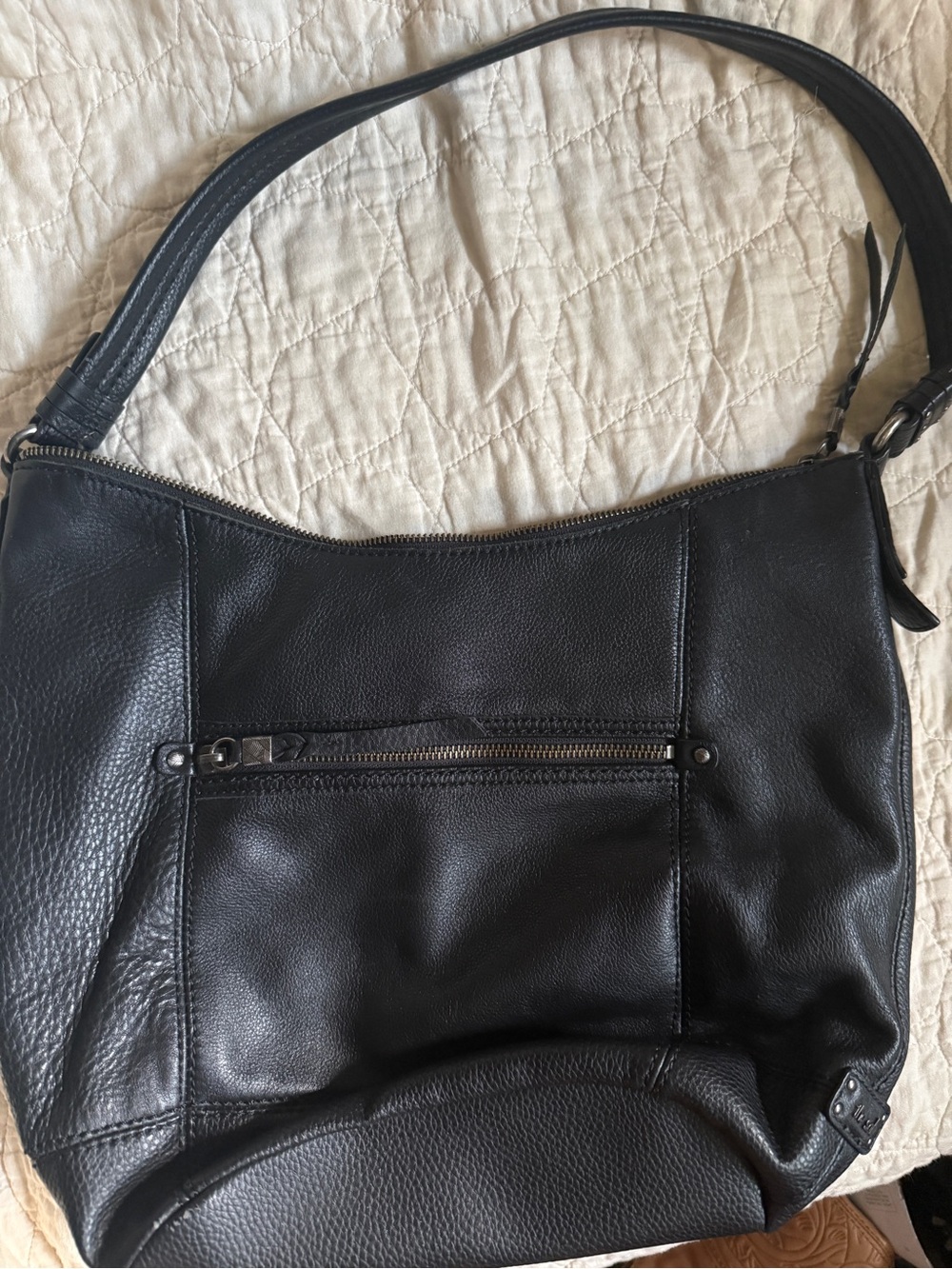 The Sak Black Leather Shoulder Bag with Front Zip